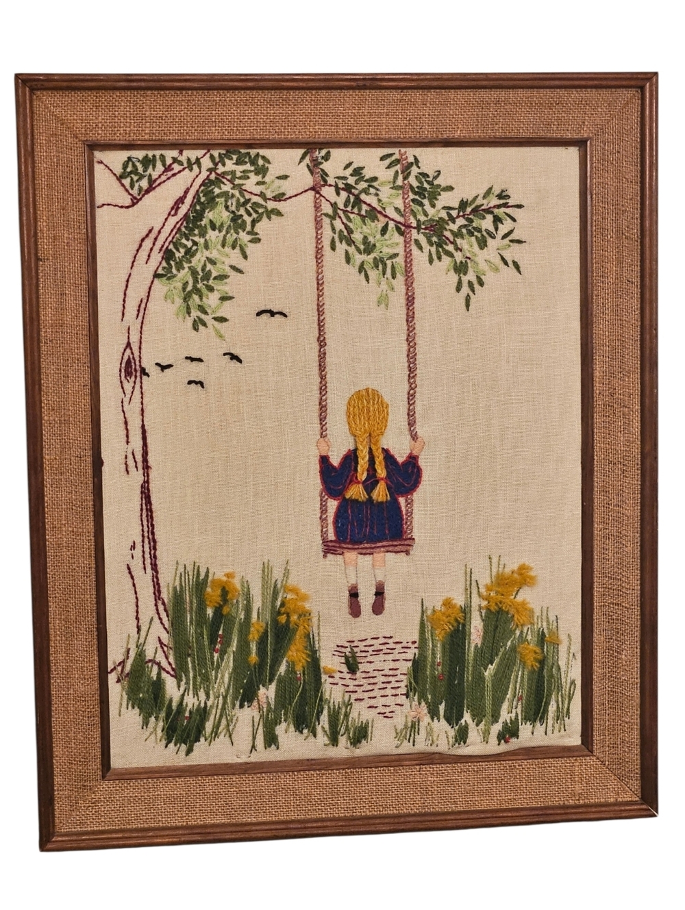 Vintage Peri-Lusta Hand-Embroidered Girl on Swing Wall Art - Yellow, Green, Blue